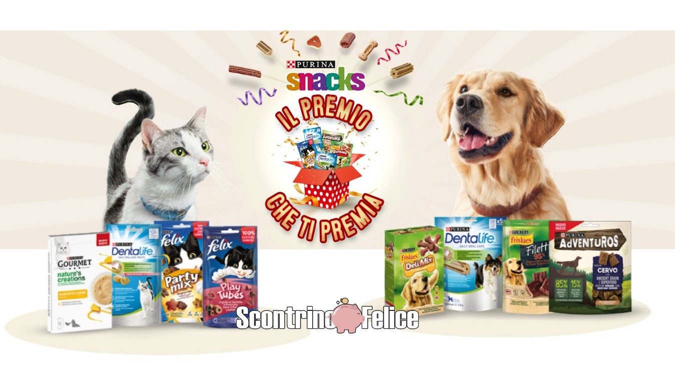 Concorso Purina Il premio che ti premia vinci forniture annuali di snack cane gatto