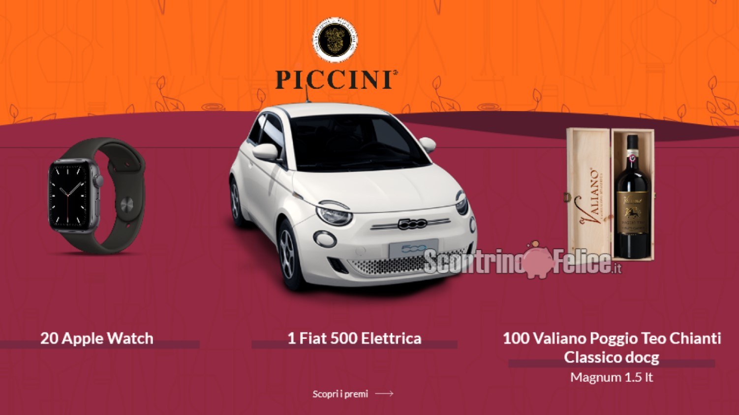 Concorso Piccini "Un brindisi da incorniciare": in palio buoni sconto, Fiat 500, Apple Watch e bottiglie magnum