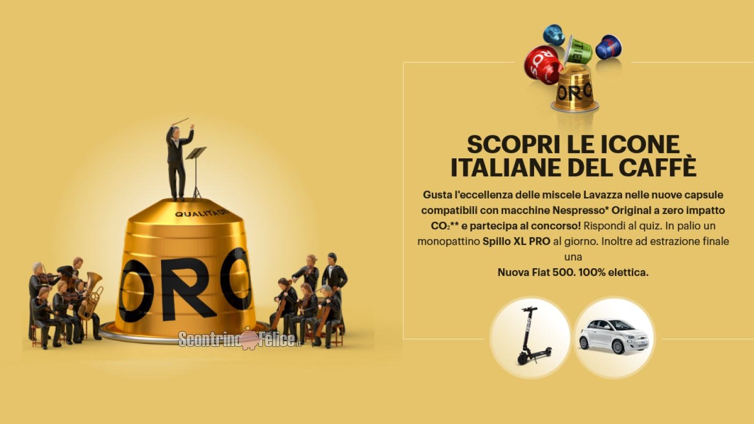 Concorso gratuito Lavazza “Icone Italiane”: vinci monopattini Spillo XL Pro e la Nuova Fiat 500 elettrica