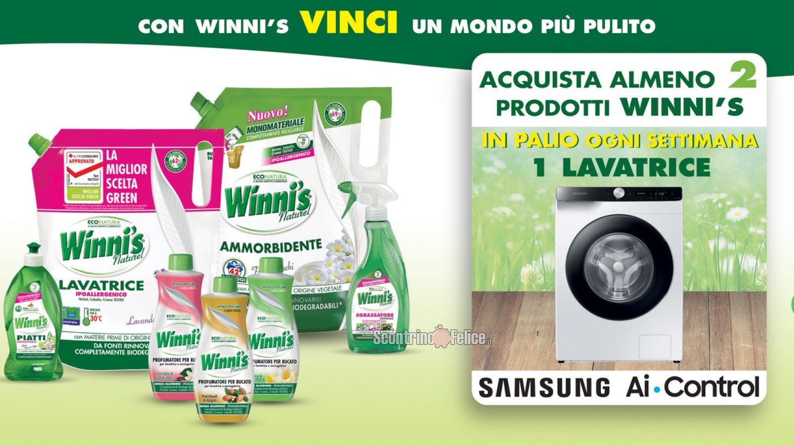 Concorso Winni's Naturel "Vinci Un Mondo Più Pulito": in palio 1 lavatrice Samsung Ai Control ogni settimana