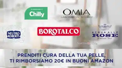 Cashback Neutro Roberts, Chilly, Omia, Acqua alle Rose, Borotalco su Amazon